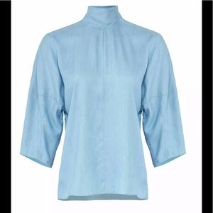 TIBI Baby Blue Chambray Top Tie Blouse M High Neck
